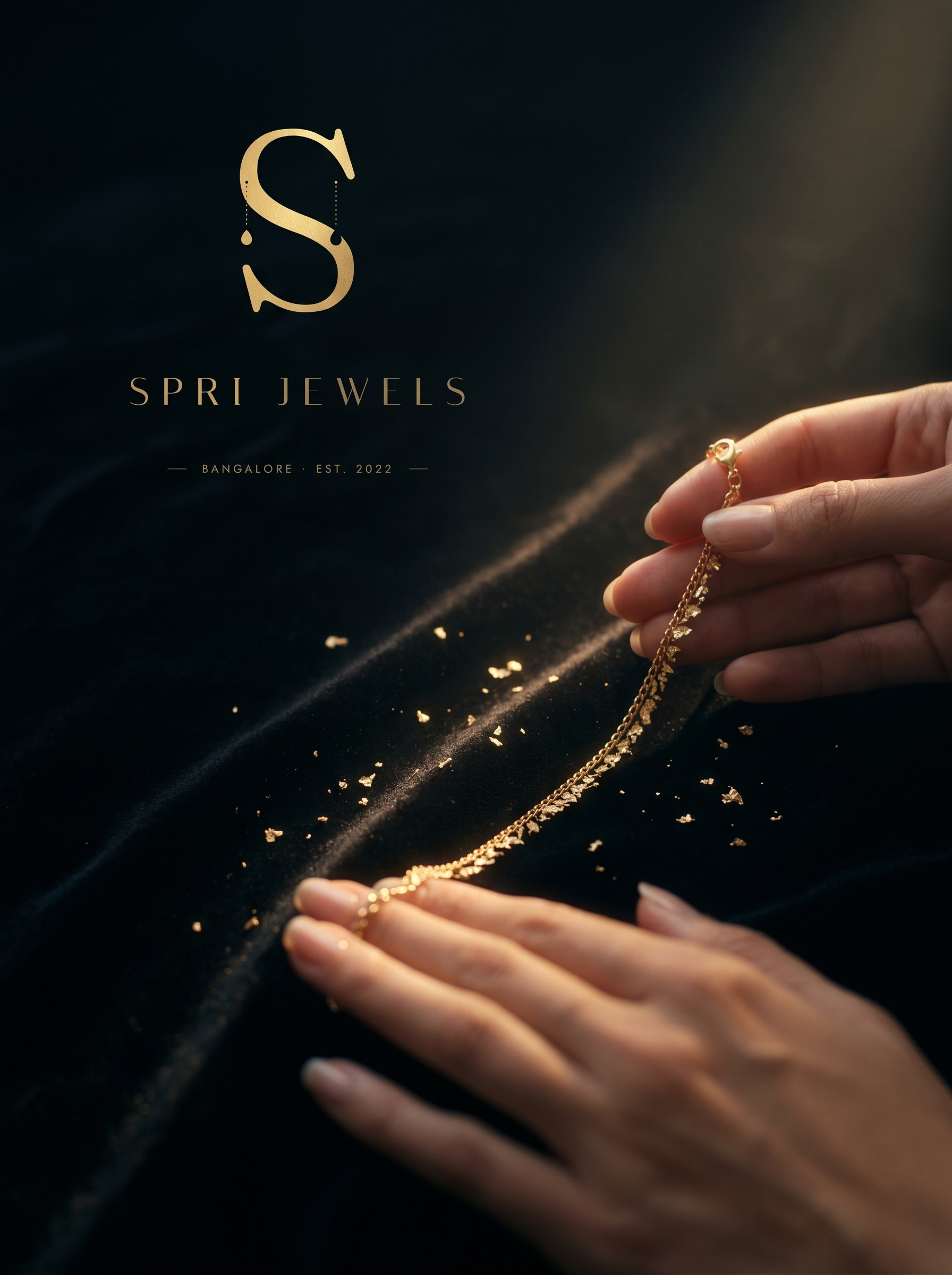 A pair of hands holding SPRI gold jewelry against dark velvet