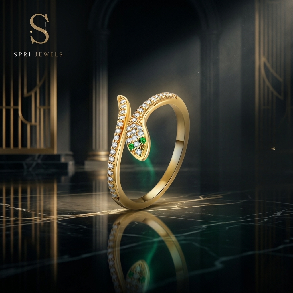 snake design gold ring over dark background